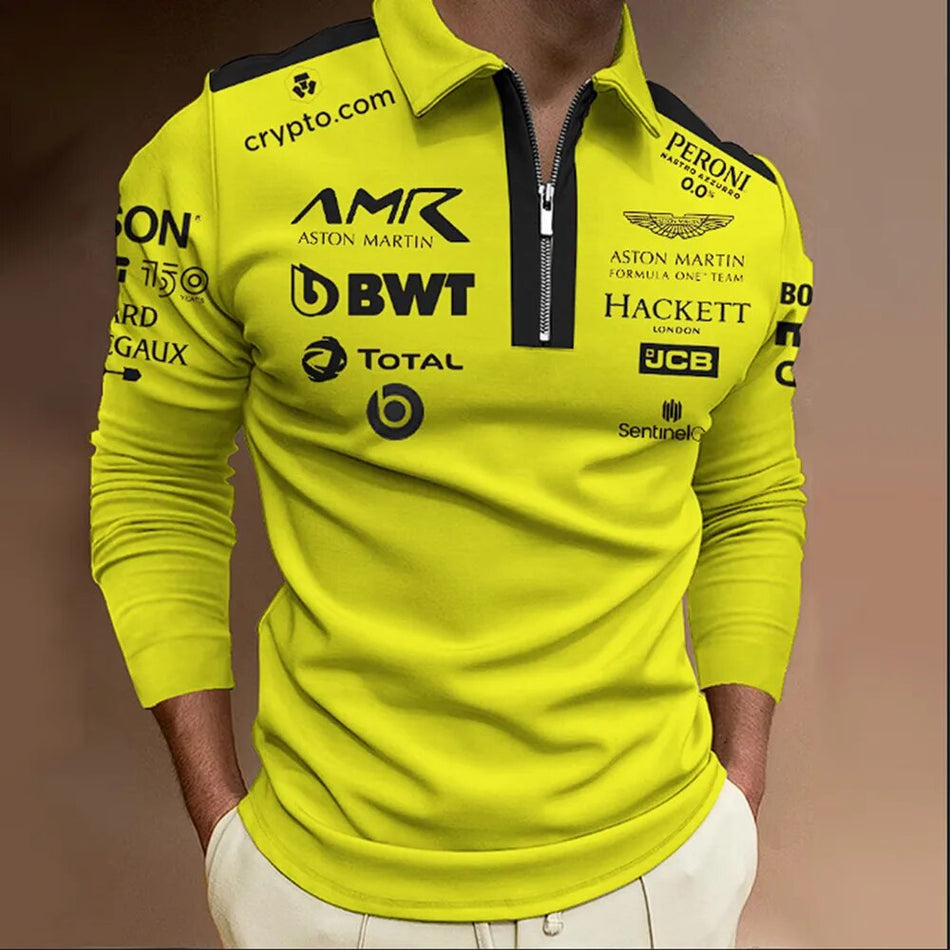 2023 Hot Selling F1 Formula 1 Racing Aston Martin Yellow Black Polo Shirt Men's Long-Sleeved Running Outdoor Sports Breathable