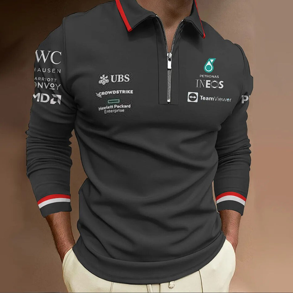 Men's zippered long sleeved polo, high-end clothing for racing enthusiasts, spring and autumn seasons, AMG Mercedes Benz F1