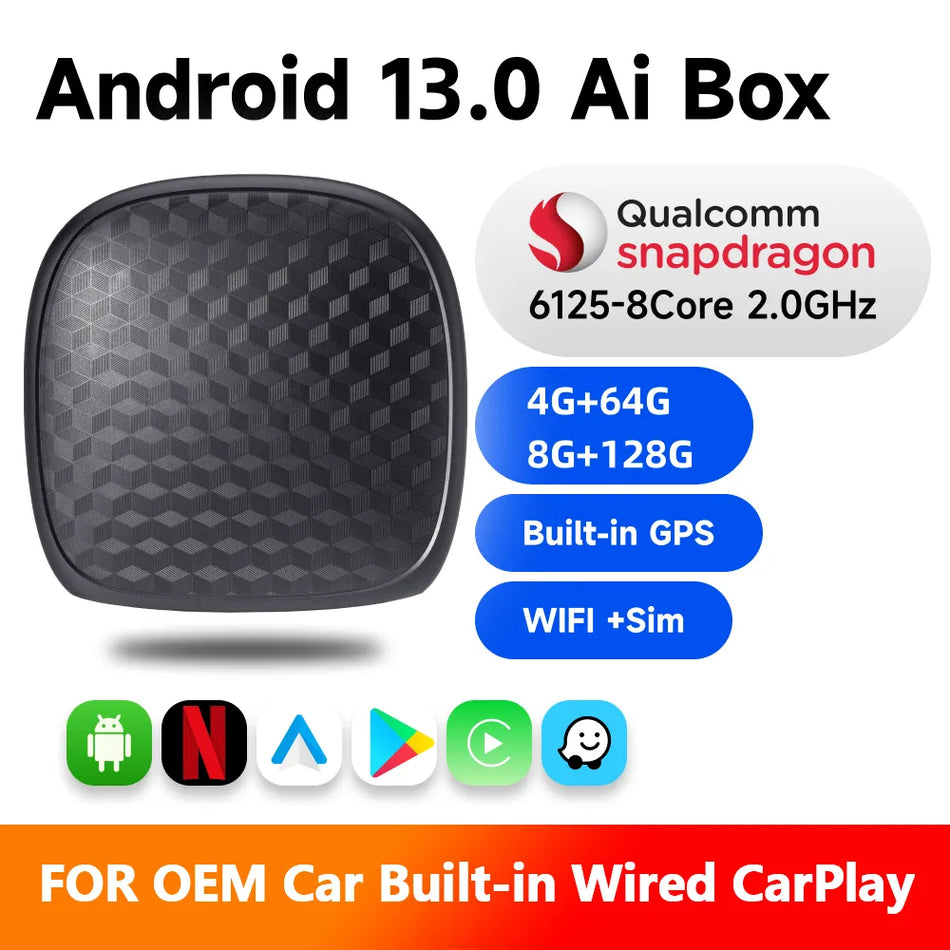 CarPlay Ai Box 8+128G Android 13 Netflix YouTube Wireless Carplay Android Auto QCM6125 8-Core CPU 4G LTE for VW Audi Kia Fiat