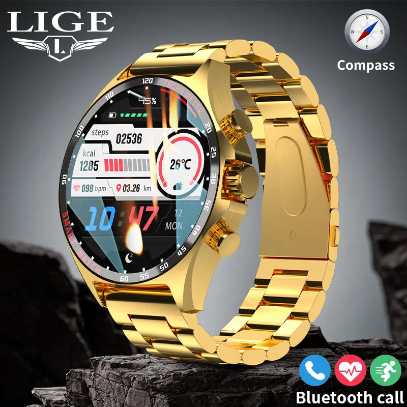 LIGE 2023 Smartwatch for Porsche Smart Watch Men Digital Watches Outdoor Sports Compass and NFC Bluetooth Call Wristwatch Golden