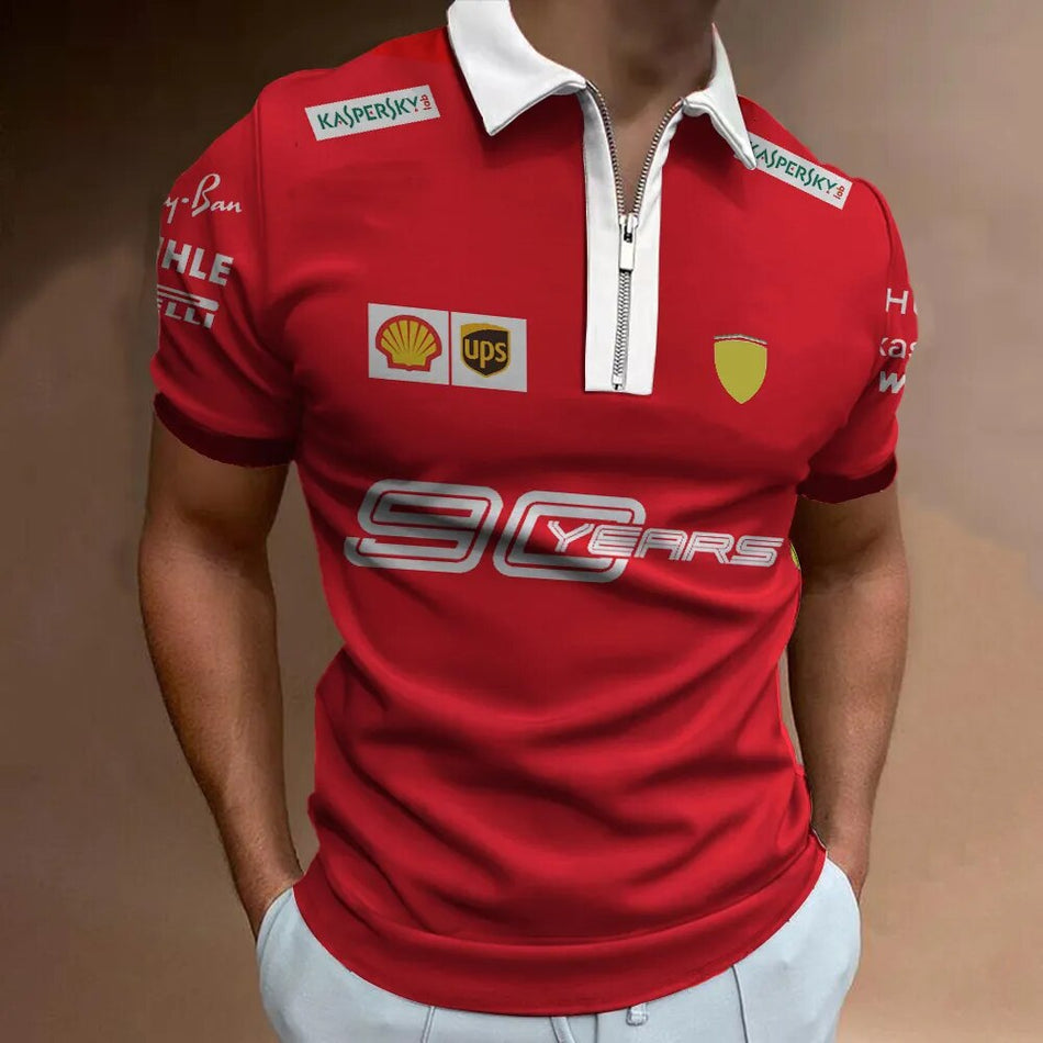 2023 F1 Racing 3D Printing F1 Ferrari T-shirt Street Men's Summer Fashion Red Style Large Short Sleeve Men's Zip POLO Top